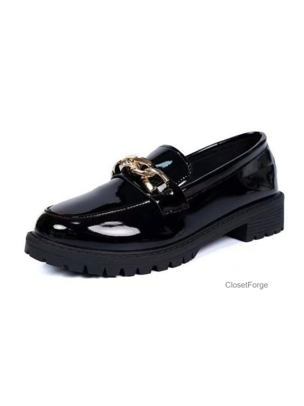 Women's Chunky Heel Loafers with Metal Buckle, Glossy PU Leather, Slip On